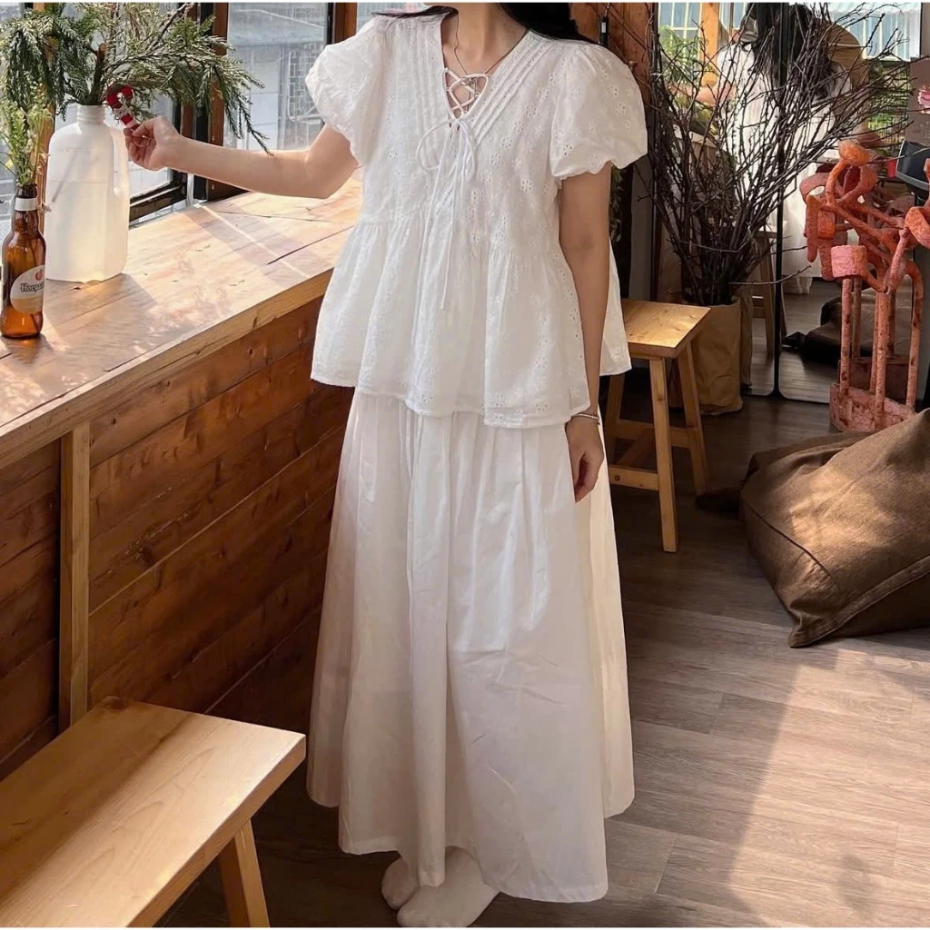 Áo sơ mi kiểu babydoll chất xô thêu tay bí phồng Murphy