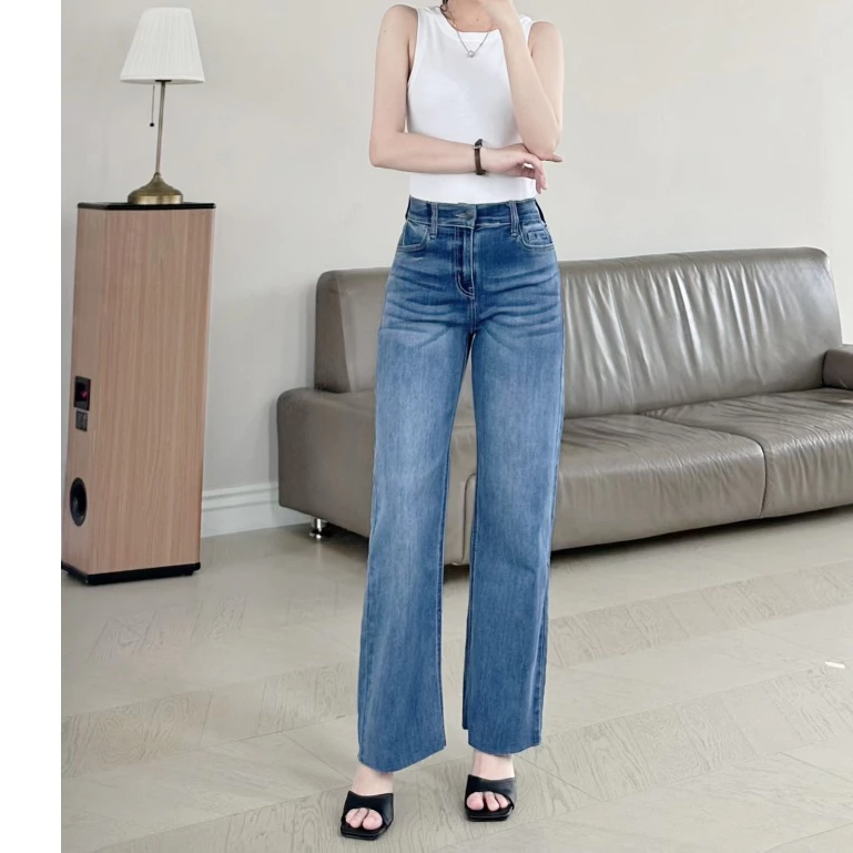 Quần Jeans Nữ REDE LSXKCL-02 Ống Rộng Co Giãn, Lưng Cao, Màu Xanh Nhạt Wash Cắt Lai