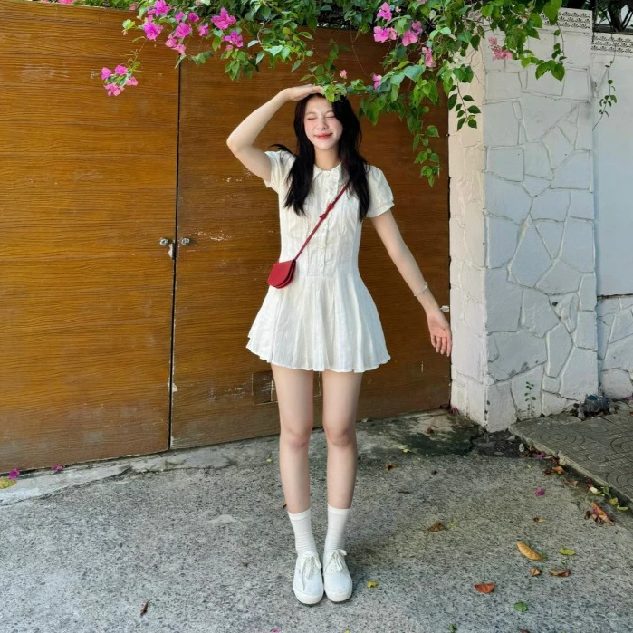 𝙃𝘼𝙉𝘼.𝘾𝙡𝙤𝙩𝙝// Set Váy Ren Trắng Tiểu Thư phong cách Style Tỷ Tỷ trung quốc, Đầm ren trắng cổ sơ mi có quần bảo hộ V01