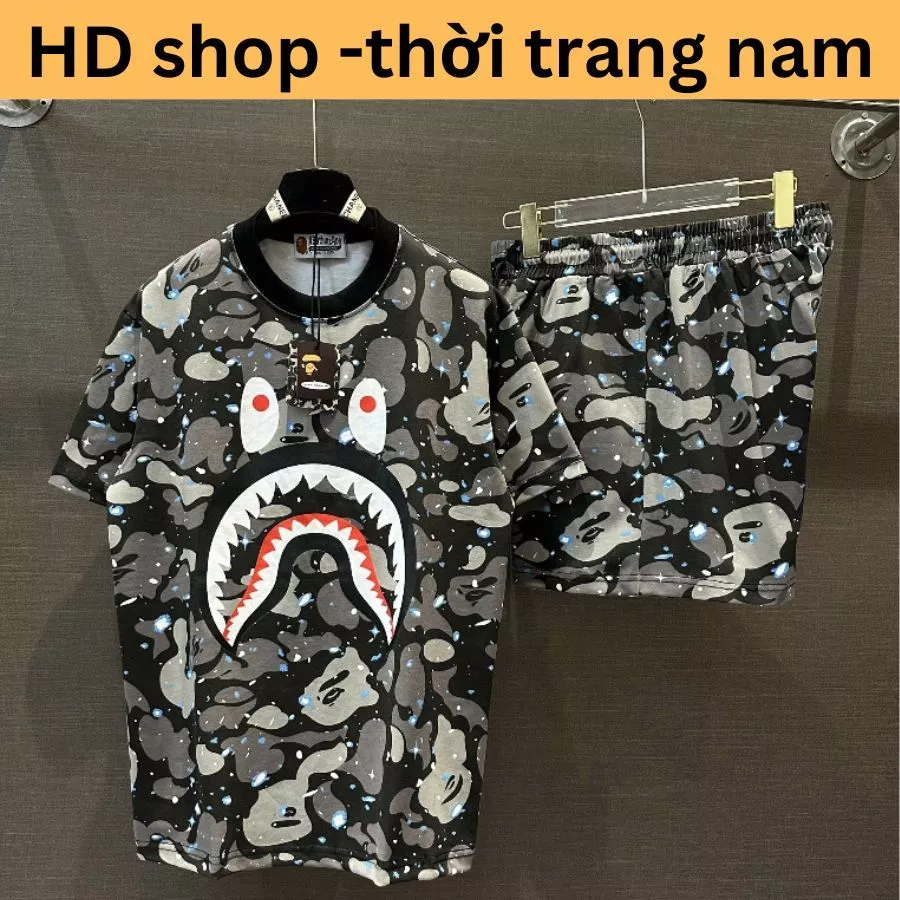 Bộ đồ nam cộc tay mặc hè pabe cotton in loang rằn ri vảy sơn phối hình răng cá mập cao cấp boy phố mã bộ loang
