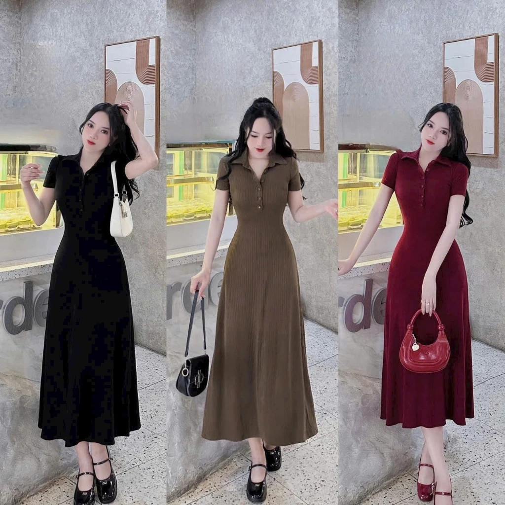 Đầm Maxi Thời Trang Nữ Chất Thun Gân Dài Dặn Tay Ngắn Cổ V Váy Dài Dáng Xòe Hack Dáng Che Mỡ Bụng Thiết Kế 3 Màu Xinh