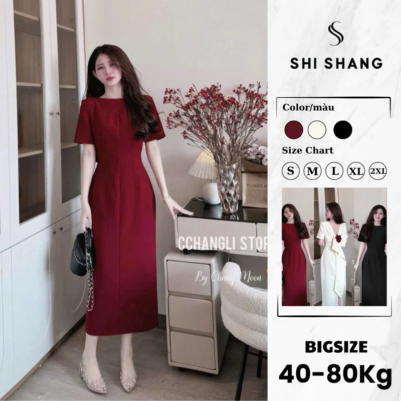 [𝐌ở 𝐛𝐚́𝐧] Đầm thiết kế Shi Shang dáng bút chì đính hoa hồng sau lưng, váy bigsize dáng dài 2 lớp thanh lịch, sang chảnh