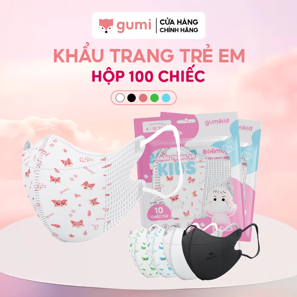 [4-10 TUỔI]  Hộp 100 chiếc Khẩu trang trẻ em 5D Gumi 3 lớp mask kháng khuẩn lọc bụi PM 2.5