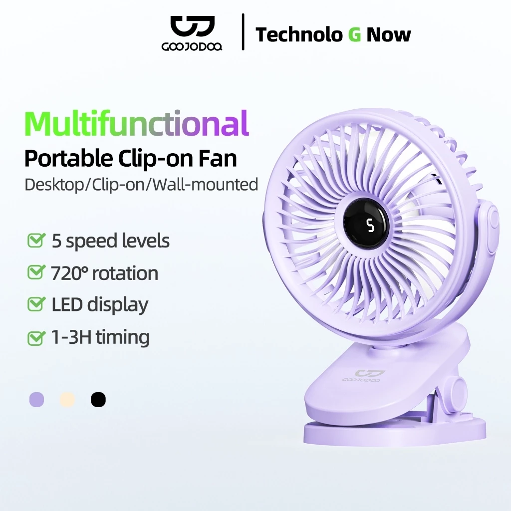 Quạt USB Goojodoq 3000MAh Bàn Xoay Mini Kẹp Di Động Màn Hình LED Di Động 5tốc độ