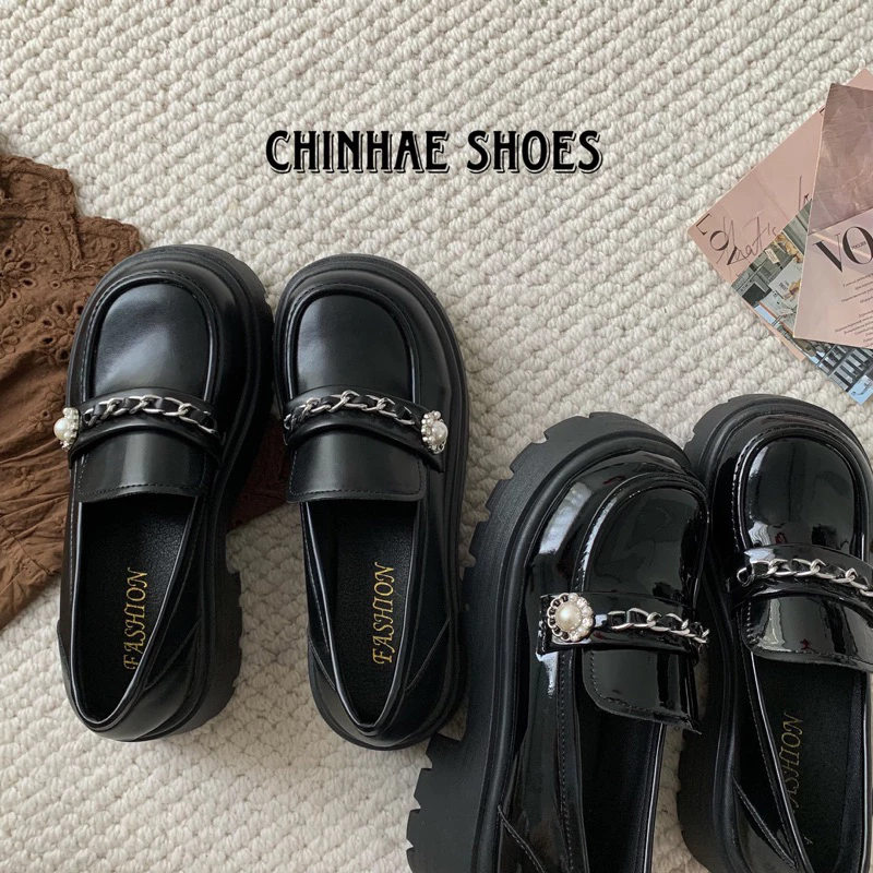 Giày loafer bông hoa xích da Pu cao cấp tăng chiều cao 5cm phong cách retro tiểu thư sang chảnh nữ đi chơi party G066