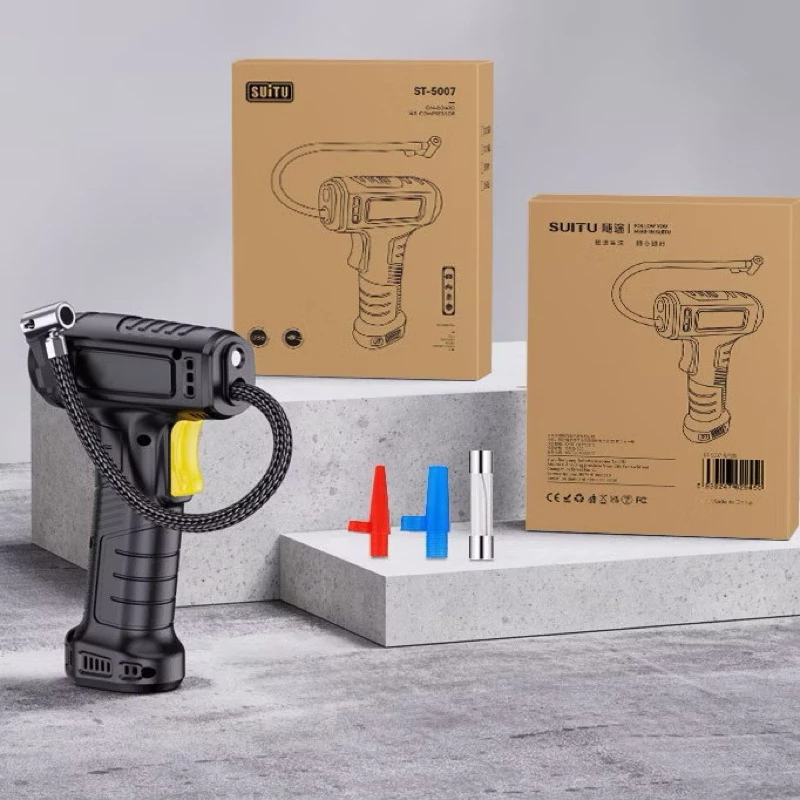 Máy Bơm Hơi Ô Tô SUITU ST-5007 – Bơm Lốp Xe Cầm Tay, Mini, Tự Ngắt, Dùng Pin Sạc