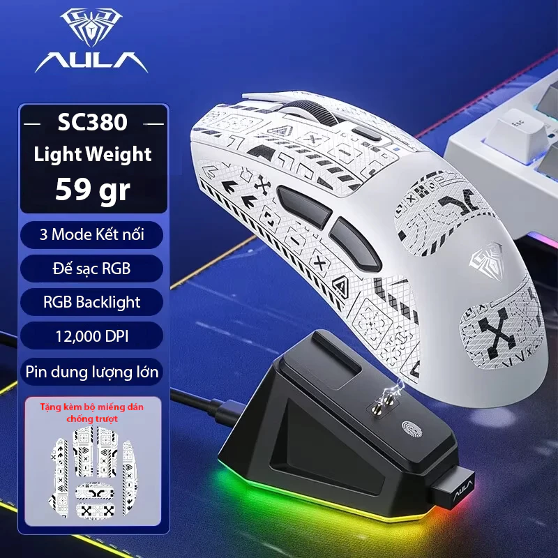 Chuột Gaming AULA SC380 - Siêu nhẹ chỉ 59 gr - 3 Mode kết nối - Dock sạc RGB - DPI 12000