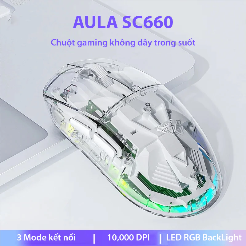 Chuột gaming trong suốt AULA SC660 - Vỏ trong suốt và LED RGB - 3 Mode kết nối - DPI Max 10,000