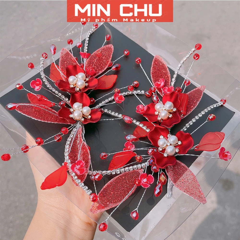 Cài tóc cô dâu màu đỏ, phụ kiện cài tóc cô dâu ngày cưới