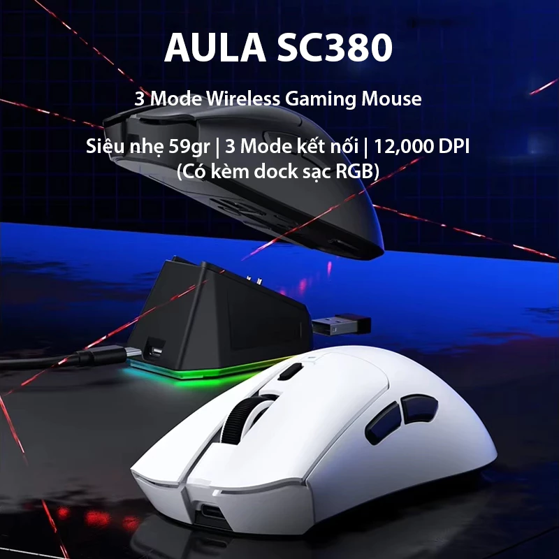 Chuột Gaming không dây AULA SC380 - Siêu nhẹ chỉ 59 gr - Dock sạc RGB - 12000 DPI