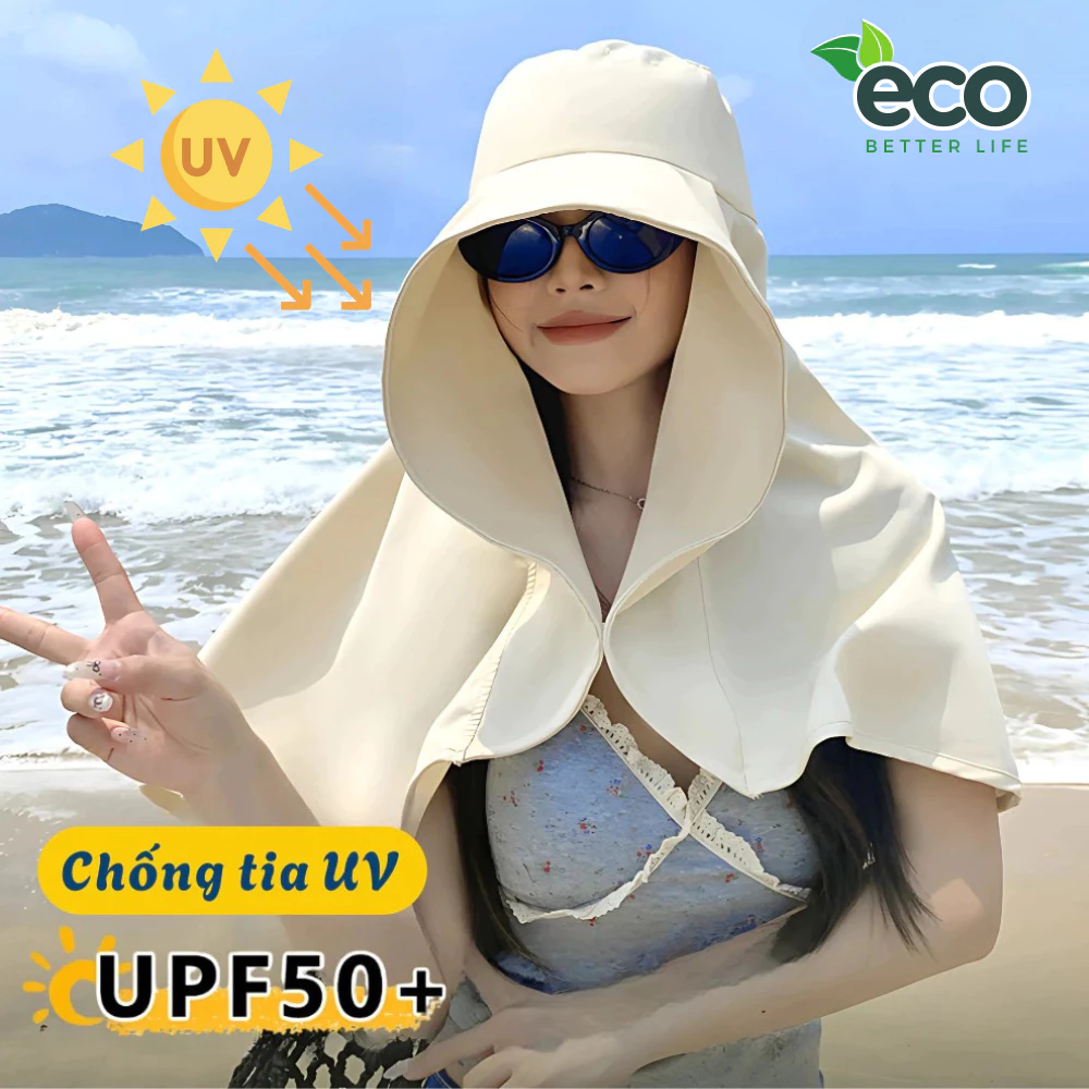 Mũ Chống Nắng Vành Rộng Tích Hợp Khăn Choàng Dài 39cm Chống Tia UV 99%, Che Cổ, Đi Biển, Dã Ngoại
