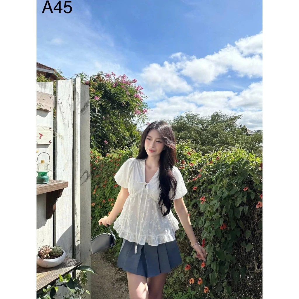 Áo babydoll tay phồng cổ V buộc nơ bánh bèo MUZA  A45