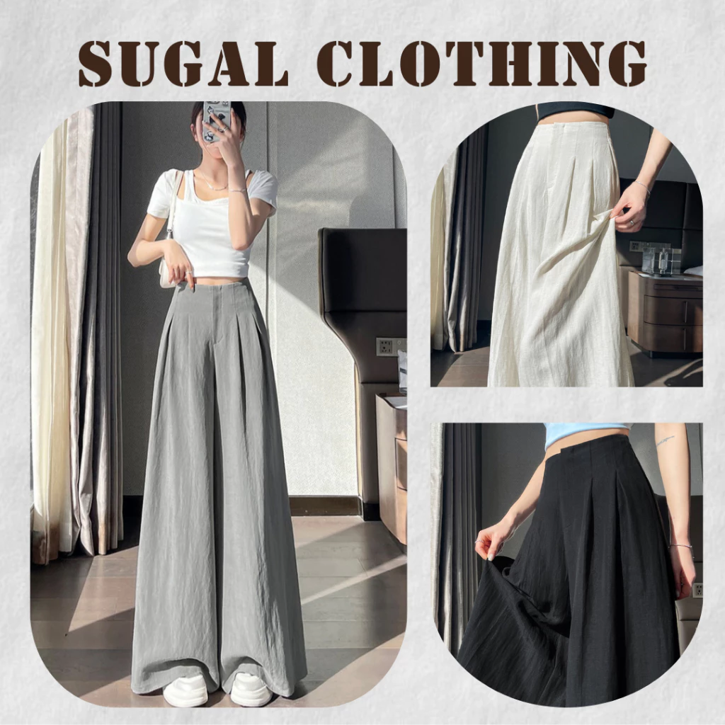 SUGAL - Quần Suông Nữ Dáng Dài Ống Rộng Cạp Liền Lưng Cao Chất Xước Nhật | QUAN NU 128V1