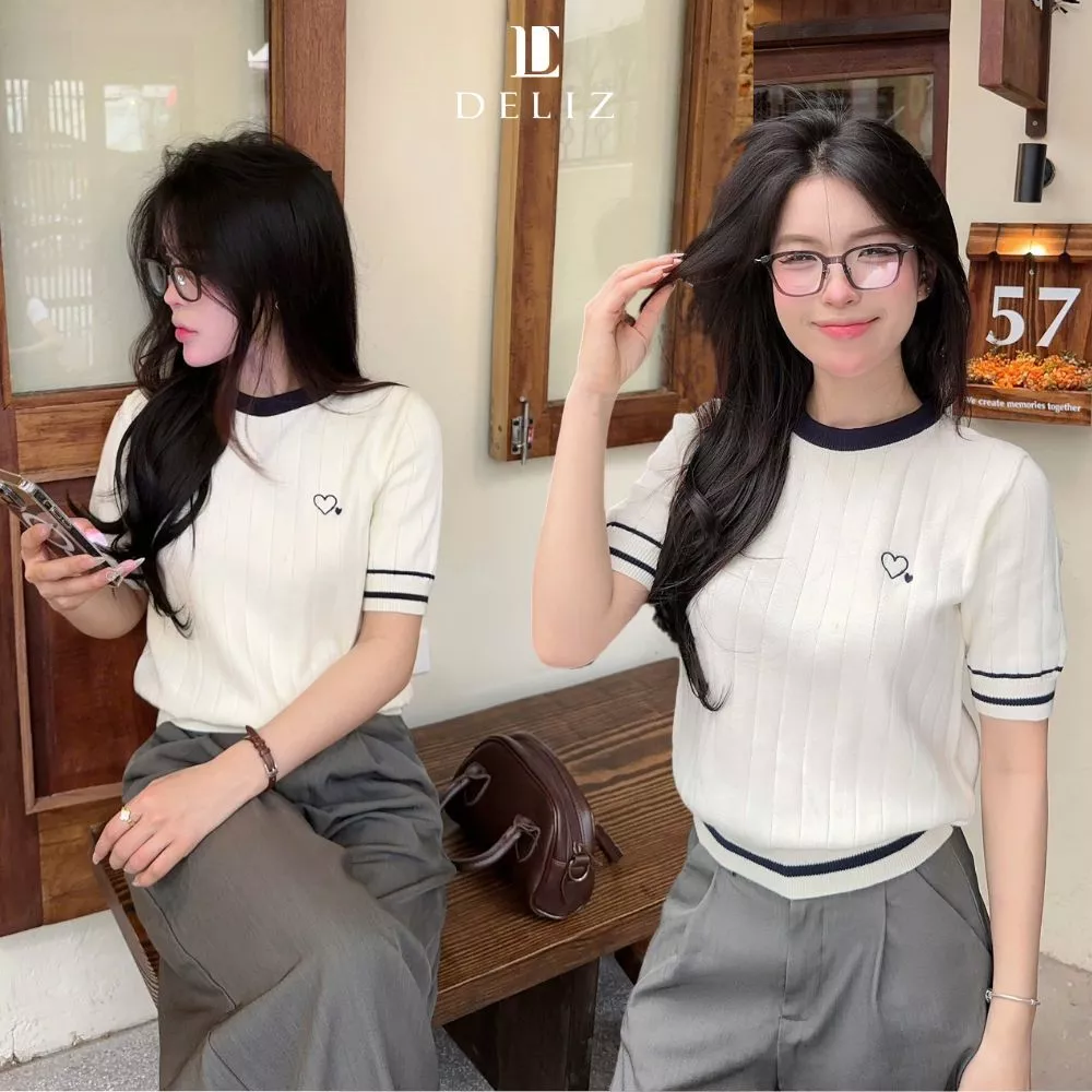 [DELIZ] Áo len lông thỏ ngắn tay cổ tròn phối viền trái tim chất mềm hàng thiết kế cao cấp ALC07