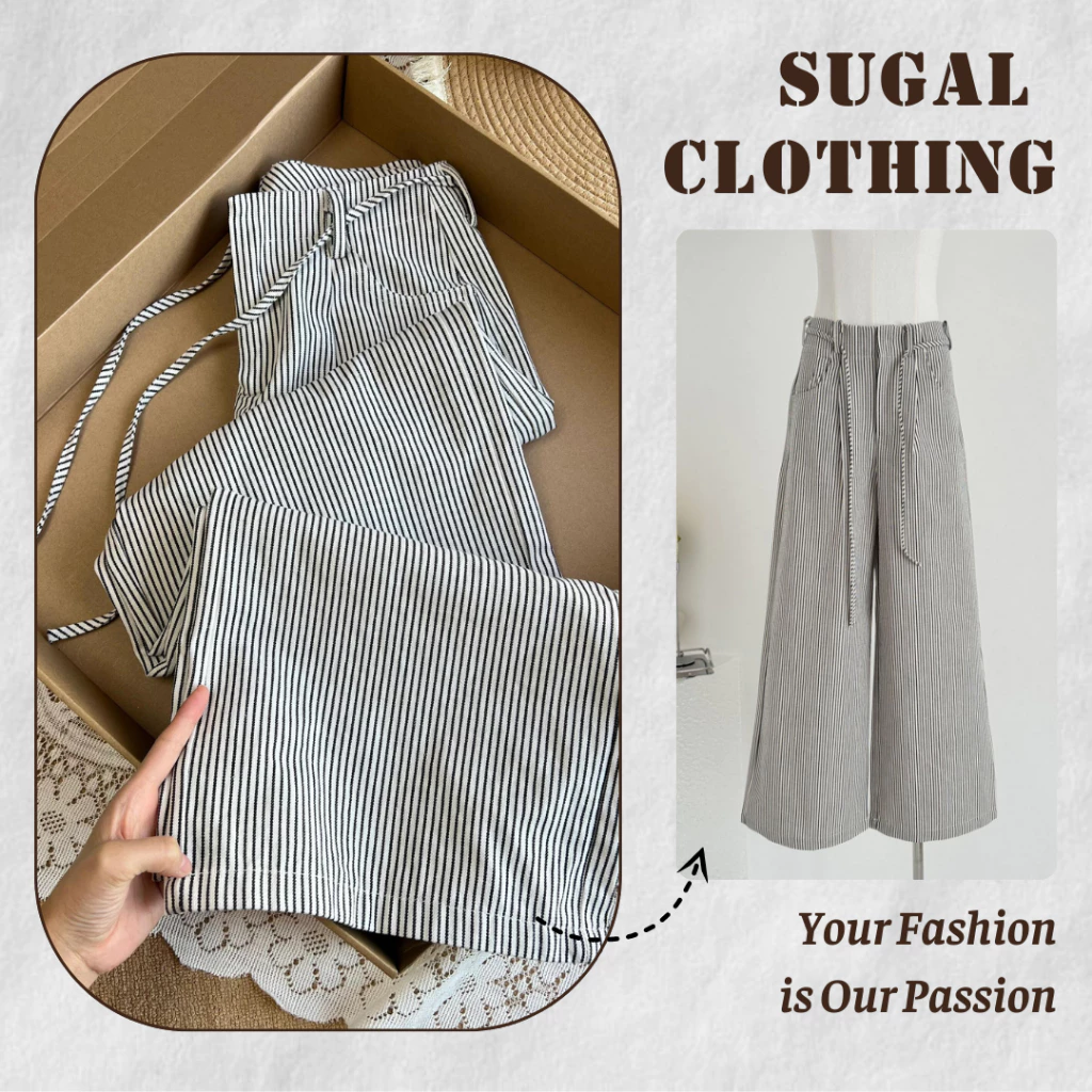 Quần Suông Kẻ Sọc Nữ Dáng Dài Ống Rộng Phối Dây Buộc Cá Tính Chất Kaki Jean Loại 1 Thời Trang Sugal QUAN NU 131 + 132