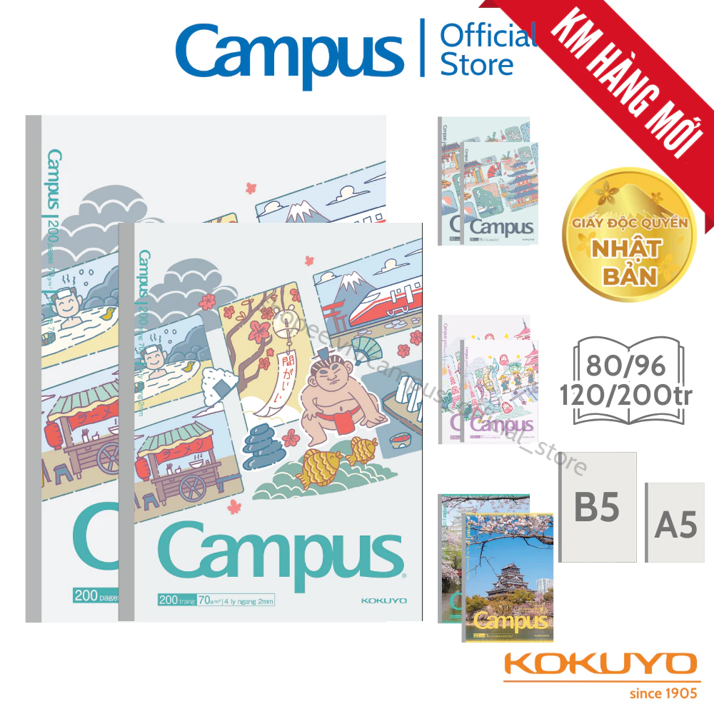 Vở (Tập) Gáy Keo Giấy Nhật Wafu Bìa In 3D Kẻ Ngang Có Chấm 80/96/120/200 Trang Khổ B5/A5 Chính Hãng Campus