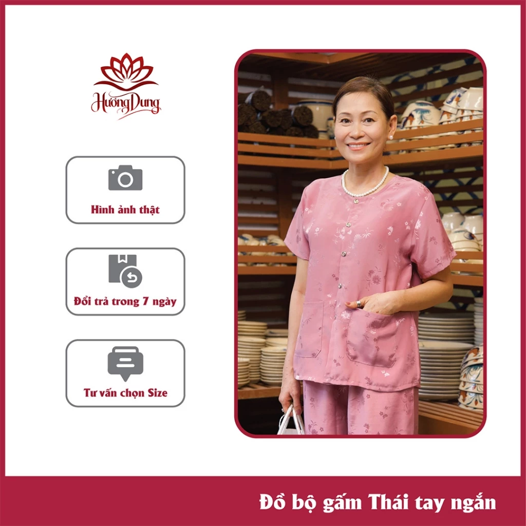 Set đồ trung niên cho mẹ, Đồ bộ nữ mặc nhà chất GẤM THÁI DA tay ngắn quần dài- Hương Dung Store