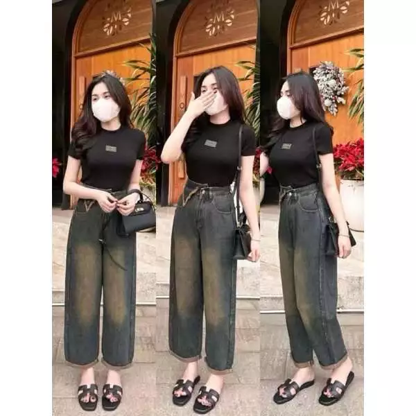 Quần Bò Jeans Nữ Ống Rộng, Quần Bò Denim Suông Ống Rộng Vạt Lệch Phối Viền Mix Túi Hách Dáng Cực Đỉnh