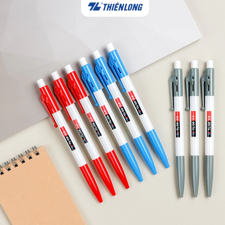 Combo 5/10/20 Bút bi Thiên Long TL-08 - Viết bi ngòi 0.8mm mực xanh/đỏ/đen thiết kế tối giản, dễ sử dụng, dạng bấm cò