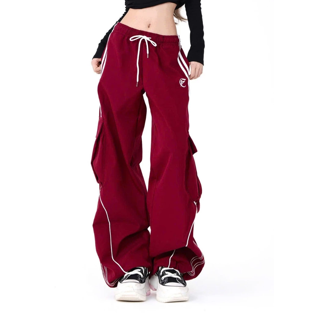 Quần Jogger ống rộng chất dù lưng thun có dây rút PHỐI VIỀN TRẮNG màu ĐỎ ĐEN form Nam Nữ Unisex
