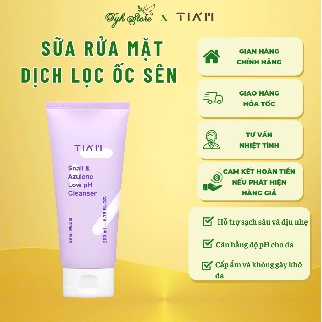 Sữa Rửa Mặt Dịch Lọc Ốc Sên Làm Dịu Và Phục Hồi Dành Cho Da Nhạy Cảm TIA’M Snail & Azulene Low pH Cleanser