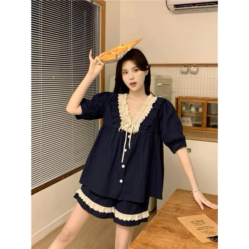 [SẴN] 226_Bộ ngủ nữ, pijama nữ ngắn dài cổ bèo công chúa màu hồng xanh chất cotton | Hàng QCCC | 9scat