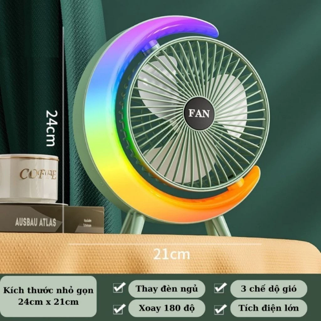 Quạt Tích Điện Mini Tích Hợp Đèn Ngủ Mặt Trăng 7 Màu, Quạt Tích Điện Để Bàn Văn Phòng Xoay 180 Độ