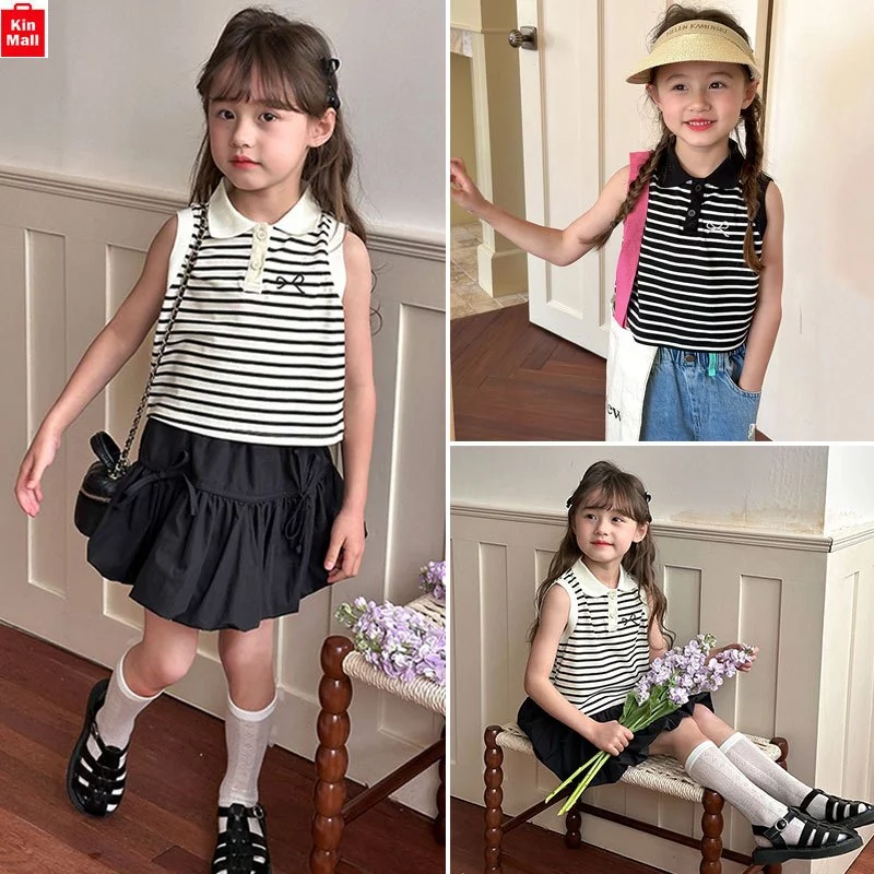 (12-35kg) Áo Thun PoLo Sát Nách Croptop Kẻ Sọc Thêu Nơ phong cánh Hàn Quốc cho Bé Gái - hãng AMBBKIDS