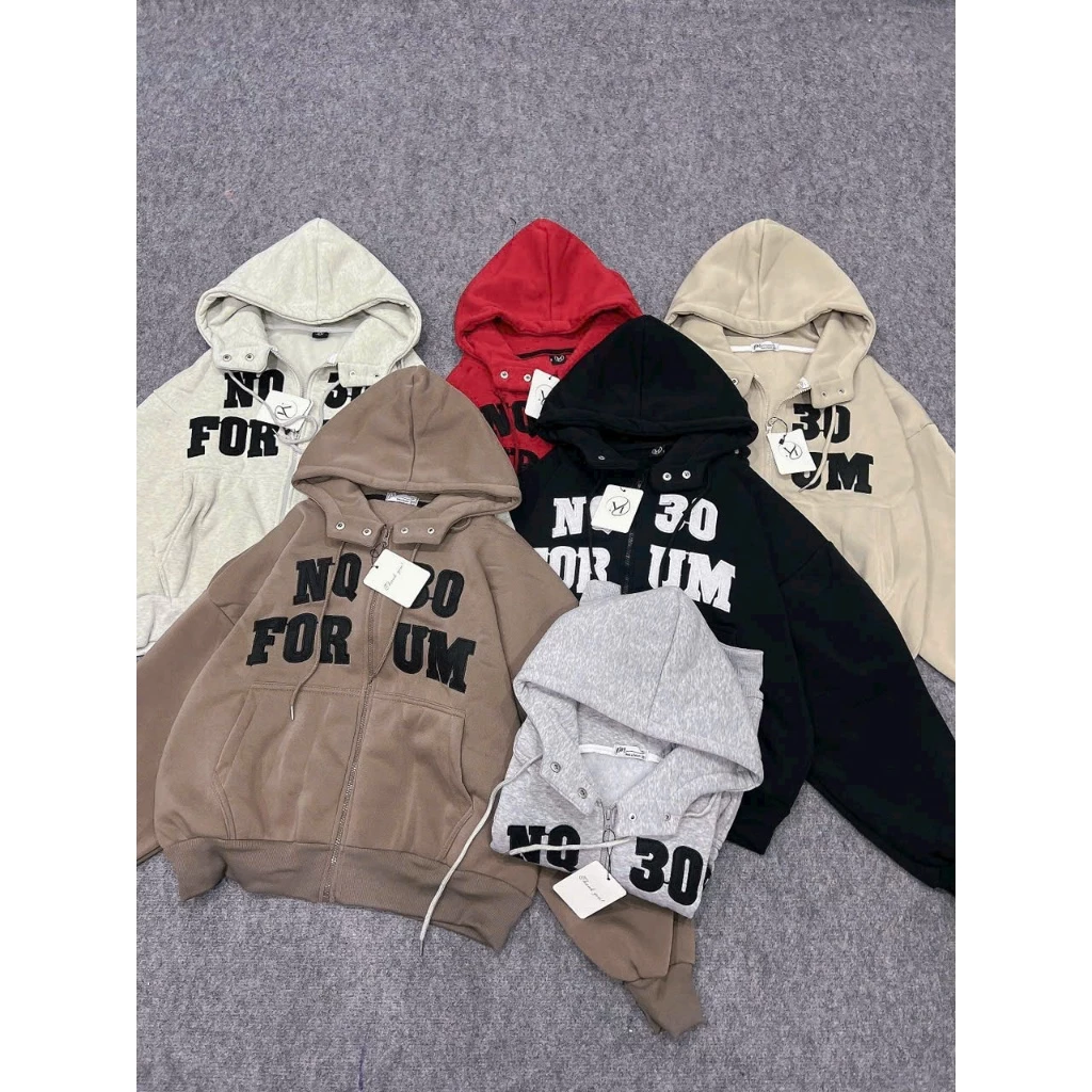 Áo Khoác Hoodie Zip Jacket Boxy Thêu NQ30 FORUM Có 2 Túi Trong Nút Bấm Tay Dài Phồng Unisex Áo Nỉ Bông Nam Nữ