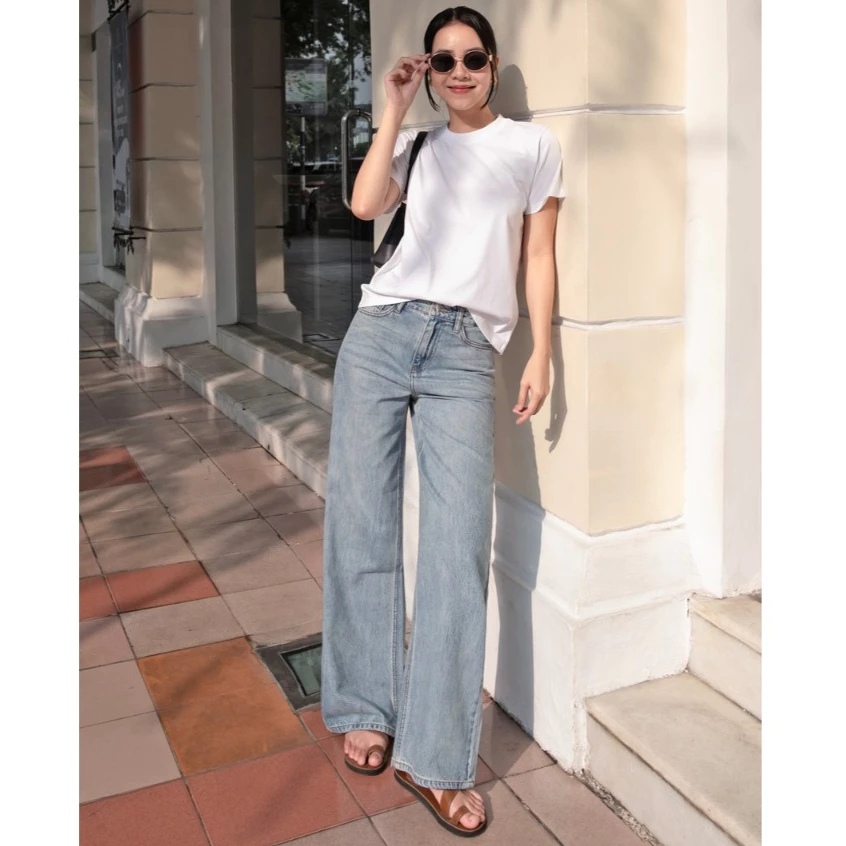 HASHTAGEM - Quần Jean Nữ WLJ.1 Light Blue Wide-leg Jeans, Ống Rộng Lưng Cao, Vải Mềm Xanh Nhạt Wash