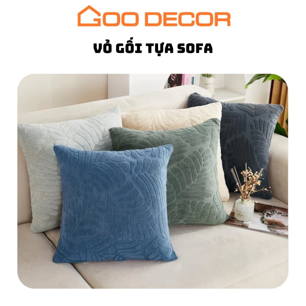 Vỏ gối sofa GOO Decor vải nhung hoạ tiết lá, bọc gối tựa sofa 40x40 hình vuông co giãn mềm mại