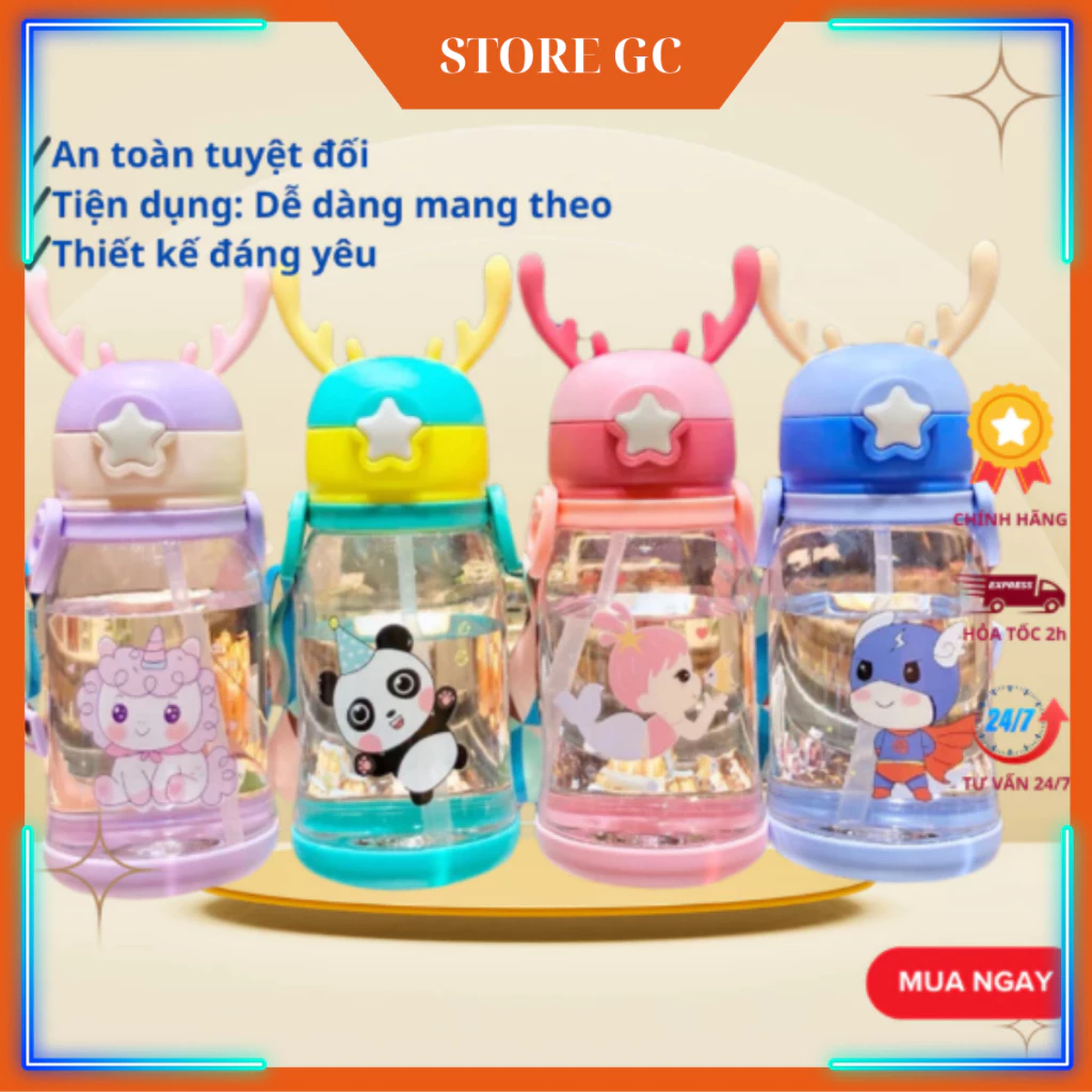 Bình Nước Sừng Hươu 600ML Dễ Thương Cho Bé Đi Học, Bình Đựng Nước Kèm Ống Hút Có Dây Xách Tiện Lợi
