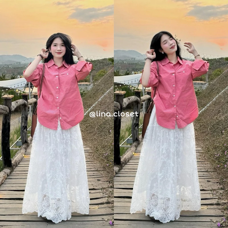 Chân váy midi ren ALISA dáng dài vải 2 lớp eo cao chun co giãn dịu dàng nhẹ nhàng Hàn Quốc