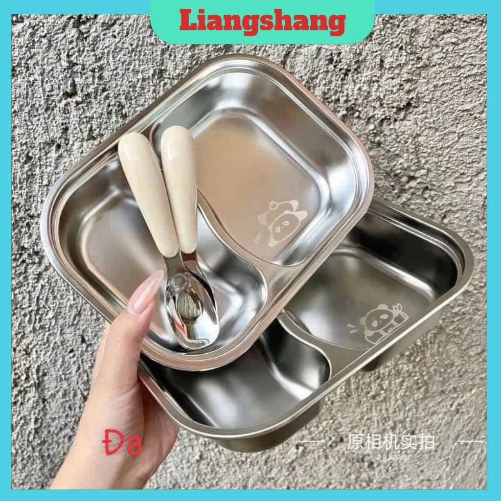 KHAY ĂN 2 NGĂN kèm thìa HÌNH THÚ - Khay ăn dặm inox 304 Dễ THƯƠNG CHO CÁC BÉ an toàn, dễ vệ sinh, chống rơi vỡ.