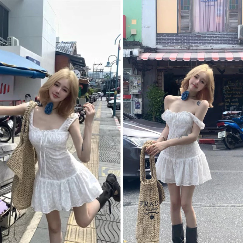 [NEW - SẴN ] Đầm trễ vai 2 dây ren xô boi cúc dọc đuôi cá Rabbit Dress CÓ QUẦN BẢO HỘ