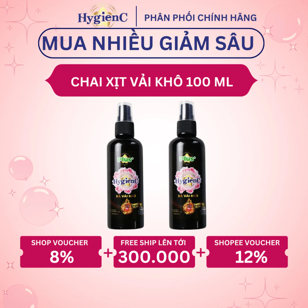 [NEW] Chai Xịt Xả Vải Khô HygienC Plus 100 ML - Hương Hoa Mẫu Đơn (Lưu Hương 24H)