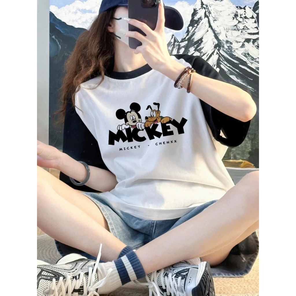 Áo thun nữ ngắn tay phối màu in hình MICKEY ALICEVN, Áo thun nữ dáng rộng chất Cotton dày dặn mặc mát mùa hè