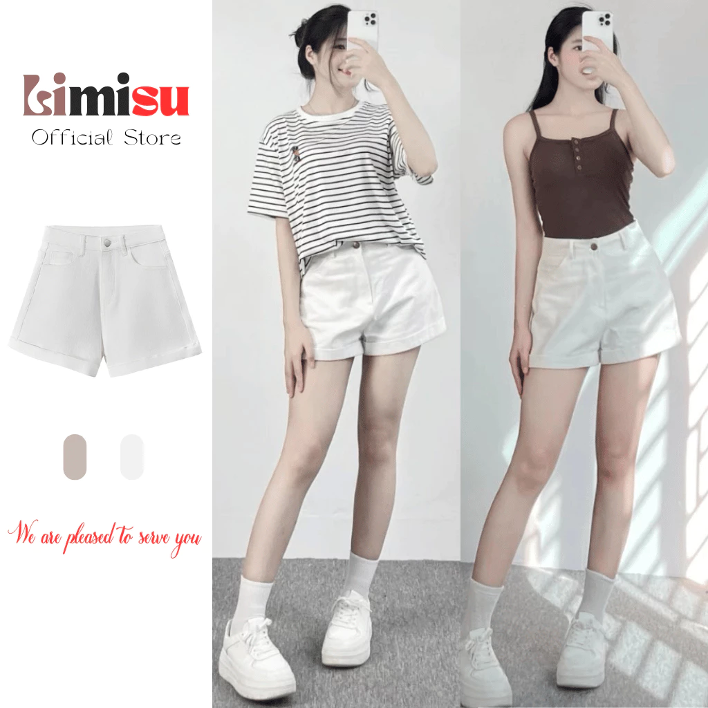 Quần Short Nữ Chất Kaki Mềm Mịn Lưng Cao LIMISU Thiết kế Gập Gấu Quần Đùi dáng chữ A Phong Cách Hàn Quốc
