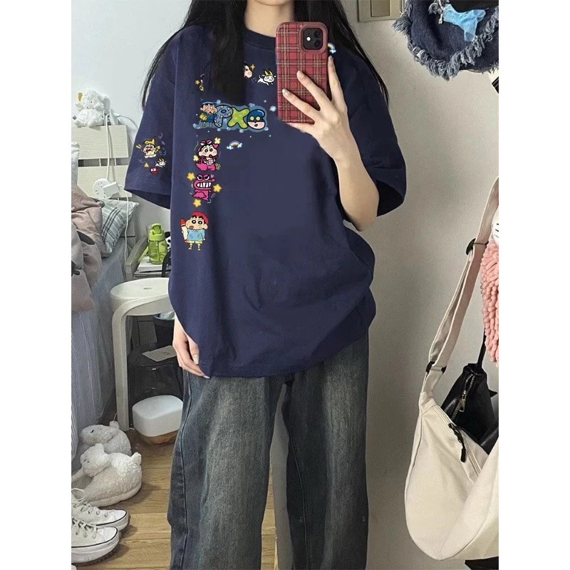 Áo thun lỡ tay unisex form rộng in hình hoạt hình Shin bút chì sticker, chất cotton thoáng mát, mặc dễ thương đi học