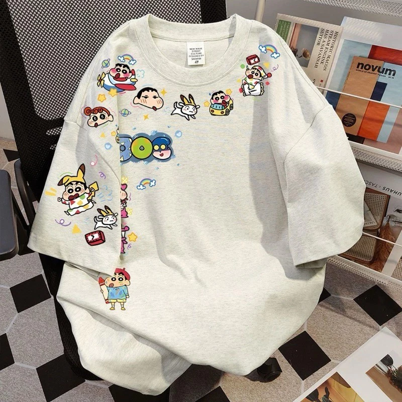 Áo thun lỡ tay Unisex,áo phông form rộng in hình hoạt hình shin bút chì sticker chất cotton thoáng mát đáng yêu