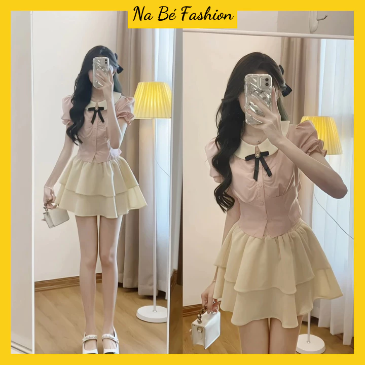 Set Đồ Nữ - Áo Sơ Mi Hồng Đính Nơ Chiết Eo Kèm Chân Váy 2 Tầng Tiểu Thư NA39