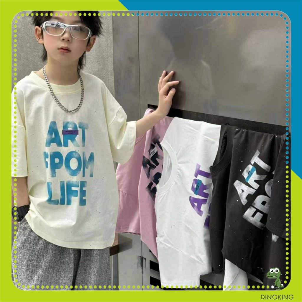 Áo phông bé trai Hàn Quốc DINOKING Áo thun cộc tay dáng rộng kim tuyến lấp lánh chất cotton lạnh trẻ em 3 - 9 tuổi AT61