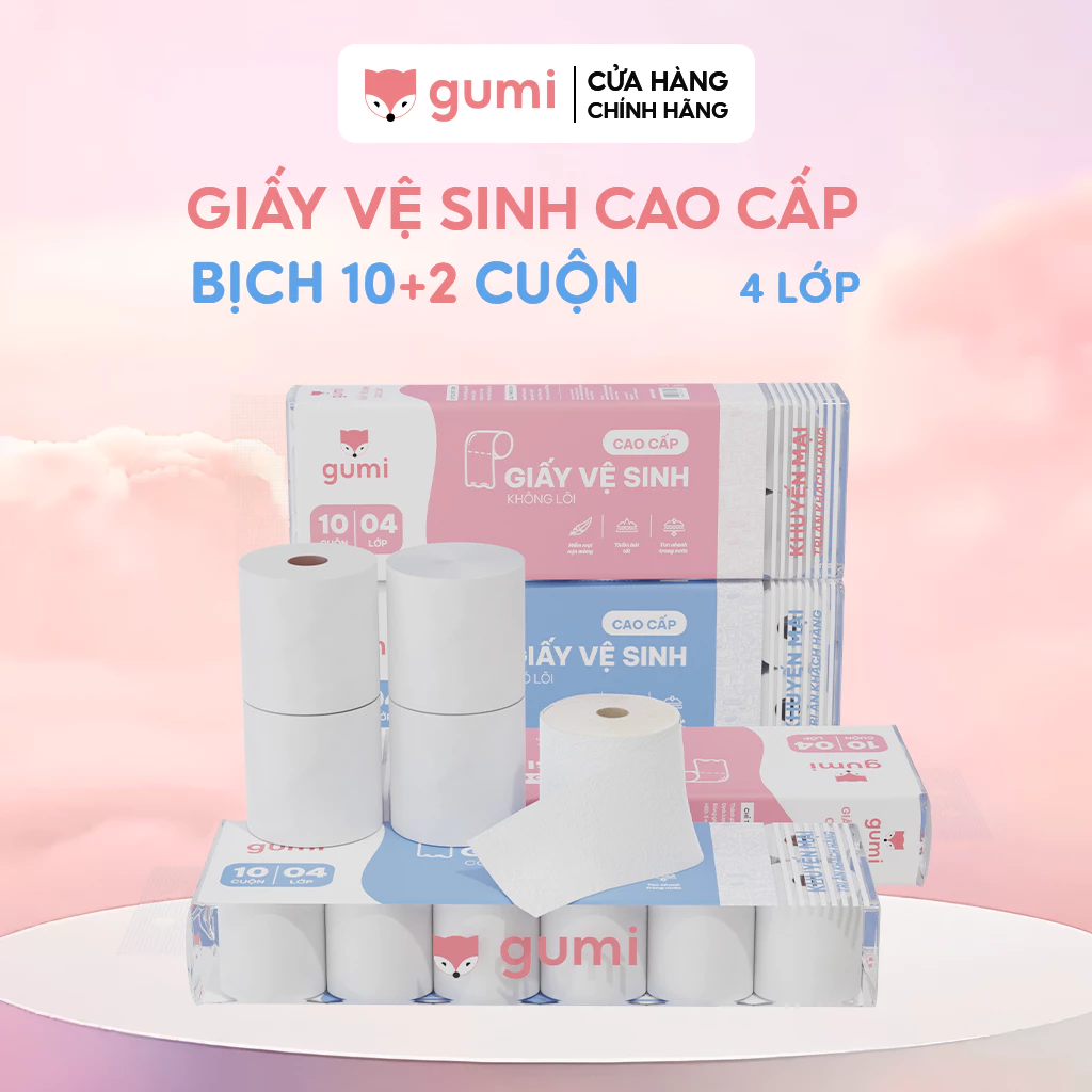 (Tặng kèm 2 cuộn) Set 10 cuộn giấy vệ sinh Gumi cao cấp bịch 4 lớp dày dặn, mềm mịn.