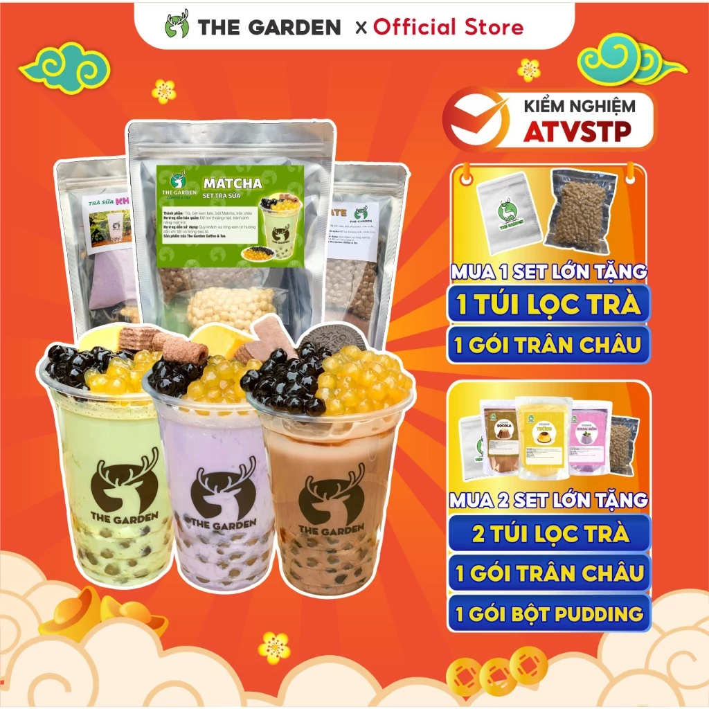 Set Trà Sữa Tự Pha Trân Châu Đường Đen 30-35 Ly THE GARDEN, Nguyên Liệu Làm Trà Sữa Chocolate, Matcha 25 vị