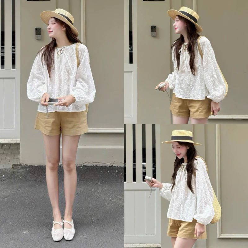 (ẢNH OLDSCHOOL) ÁO BABYDOLL  ren thô boil tay bồng chun cổ V buộc nơ MYRA TOP