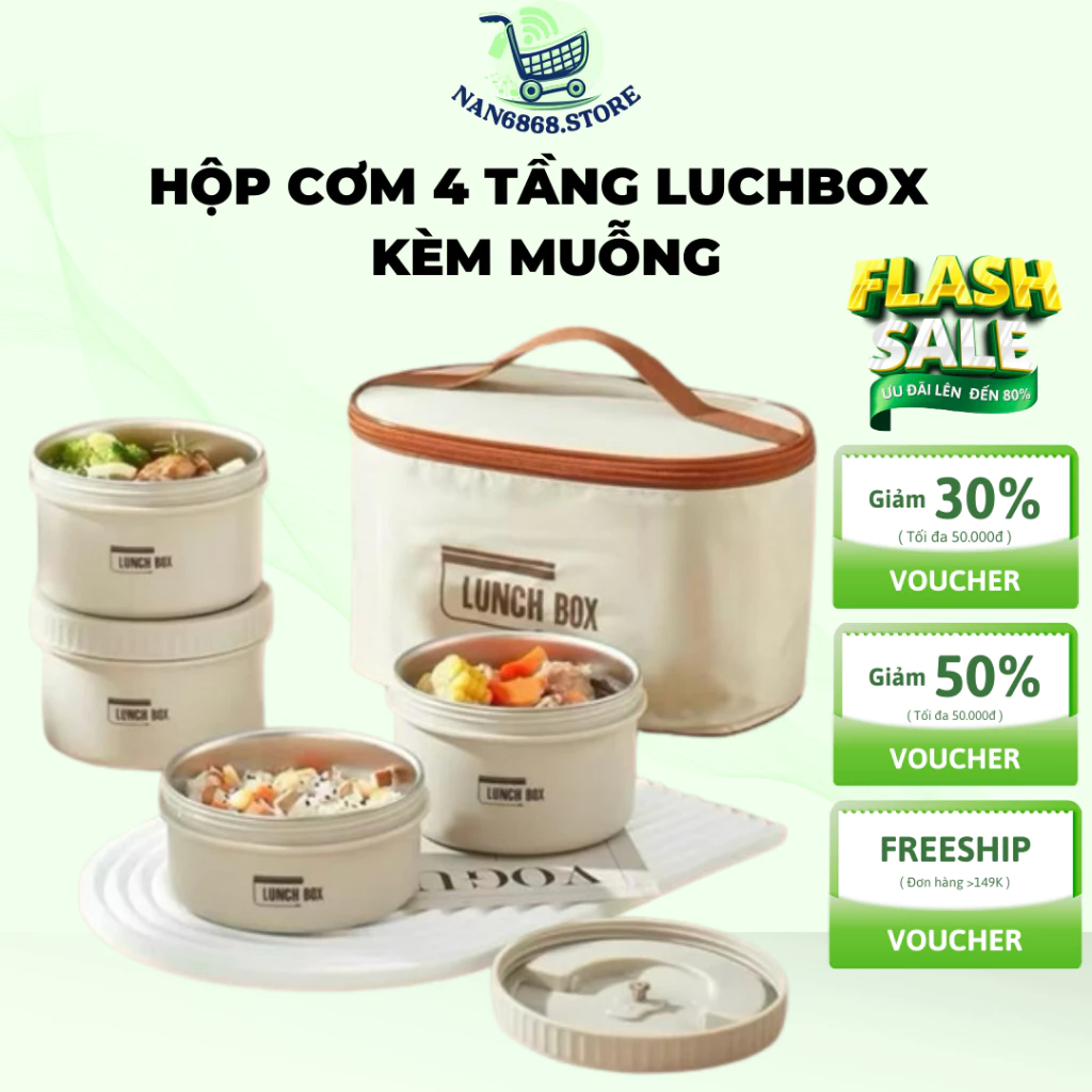 Hộp đựng cơm giữ nhiệt 3-4 tầng LUNCH BOX, Hộp cơm trưa văn phòng cách nhiệt bằng thép không gỉ 304