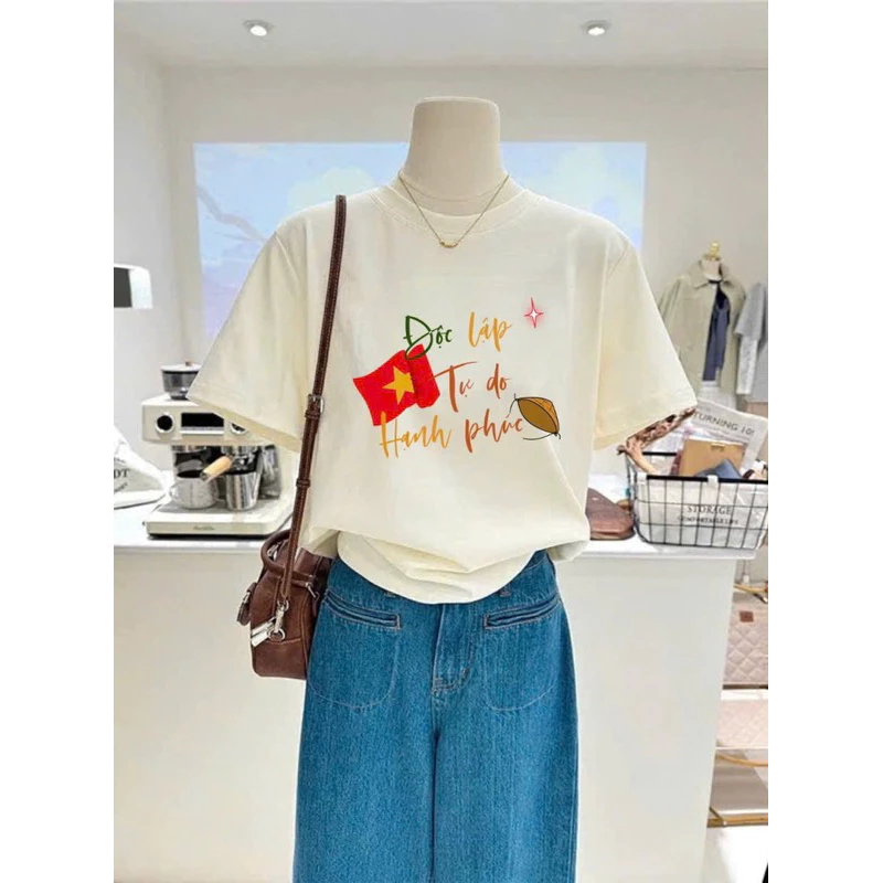 Áo thun in hình Việt Nam, Áo phông nữ ngắn tay dáng rộng ALICEVN, Chất cotton dày dặn mát mẻ mùa hè