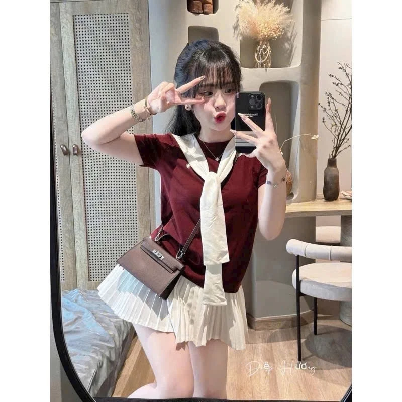 Sét áo cổ tron quàng  khăn  váy baby tiều thư siêu xinh hottrend 2025