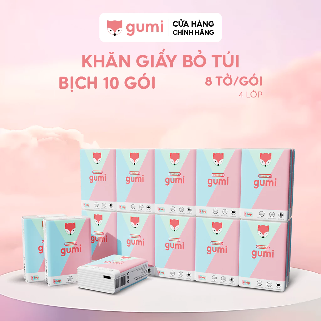 Khăn giấy bỏ túi Gumi (4 lớp) 10 gói mềm dai, khăn giấy bỏ túi cao cấp