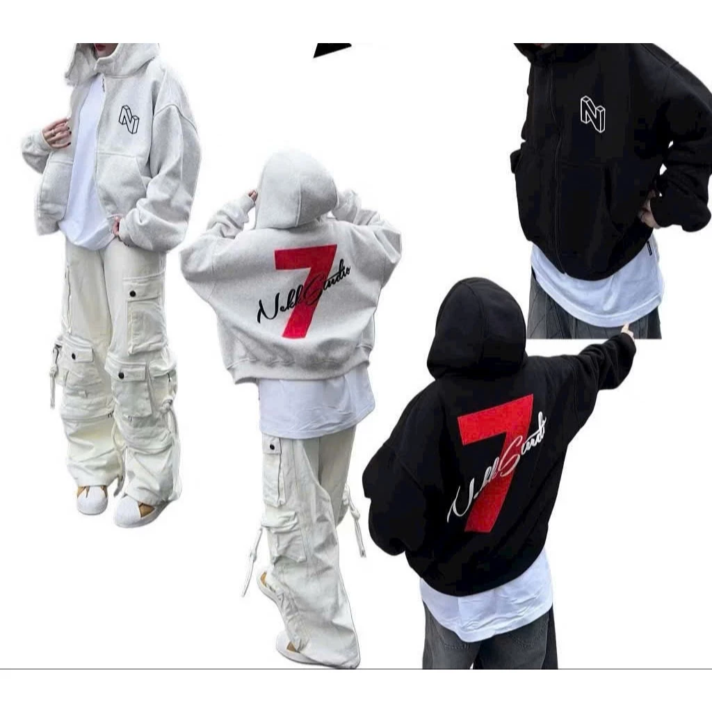 Áo Khoác Nỉ Có Túi Trong Chữ N Số 7 Form Boxy Unisex Tay Dài Phồng Áo Hoodie Zip Khóa Kéo Siêu Dày Top Jacket Chống Nắng